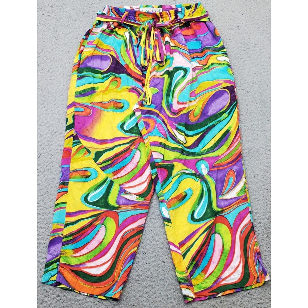 Vtg Jams World Pants Womens XS Multi Swirl Print Boho Drawstring Elastic Waist